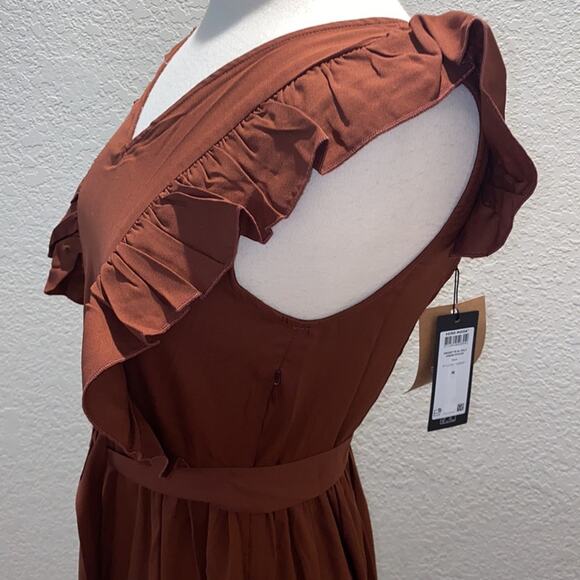 Vero Moda Odette Brown Ruffle Calf Dress NWT Sz M Women’s Polyester Tie Back - Picture 3 of 15